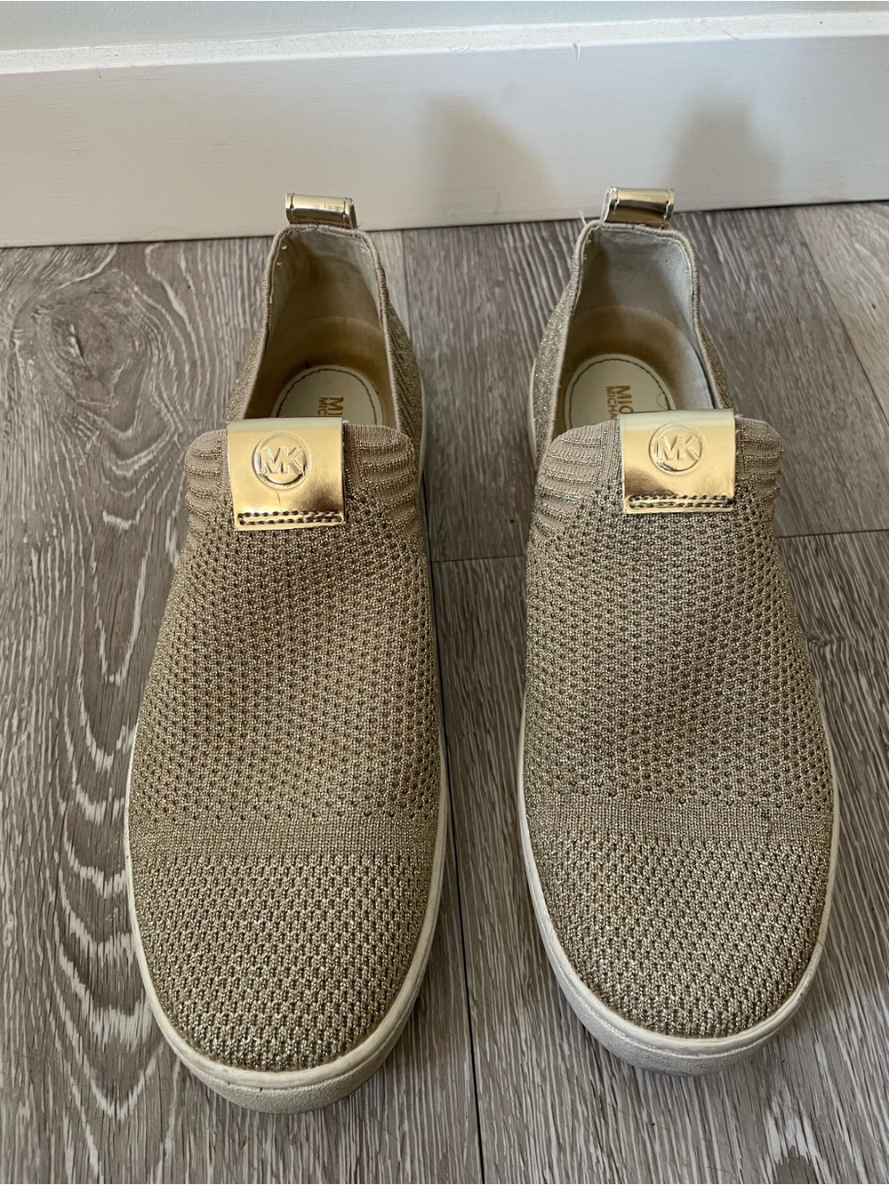 Michael Kors Gold Metallic Stretch Knit Slip On Sneakers Flats Size 7.5 - Picture 6 of 10